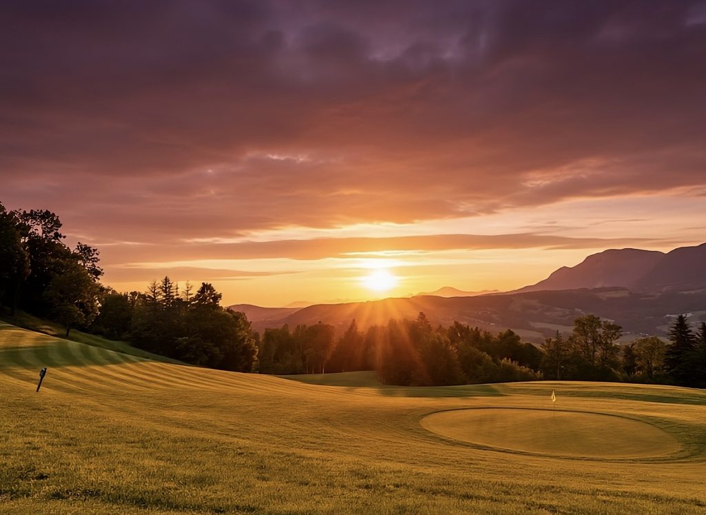 Vue depuis le trou du golf du Belvédère Annecy au coucher du soleil